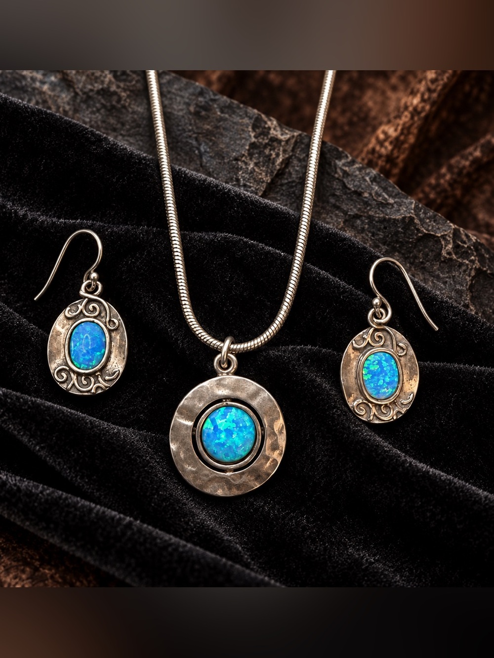 Israeli 925 Sterling Silver Blue Opal Pendant Necklace & Earrings Set